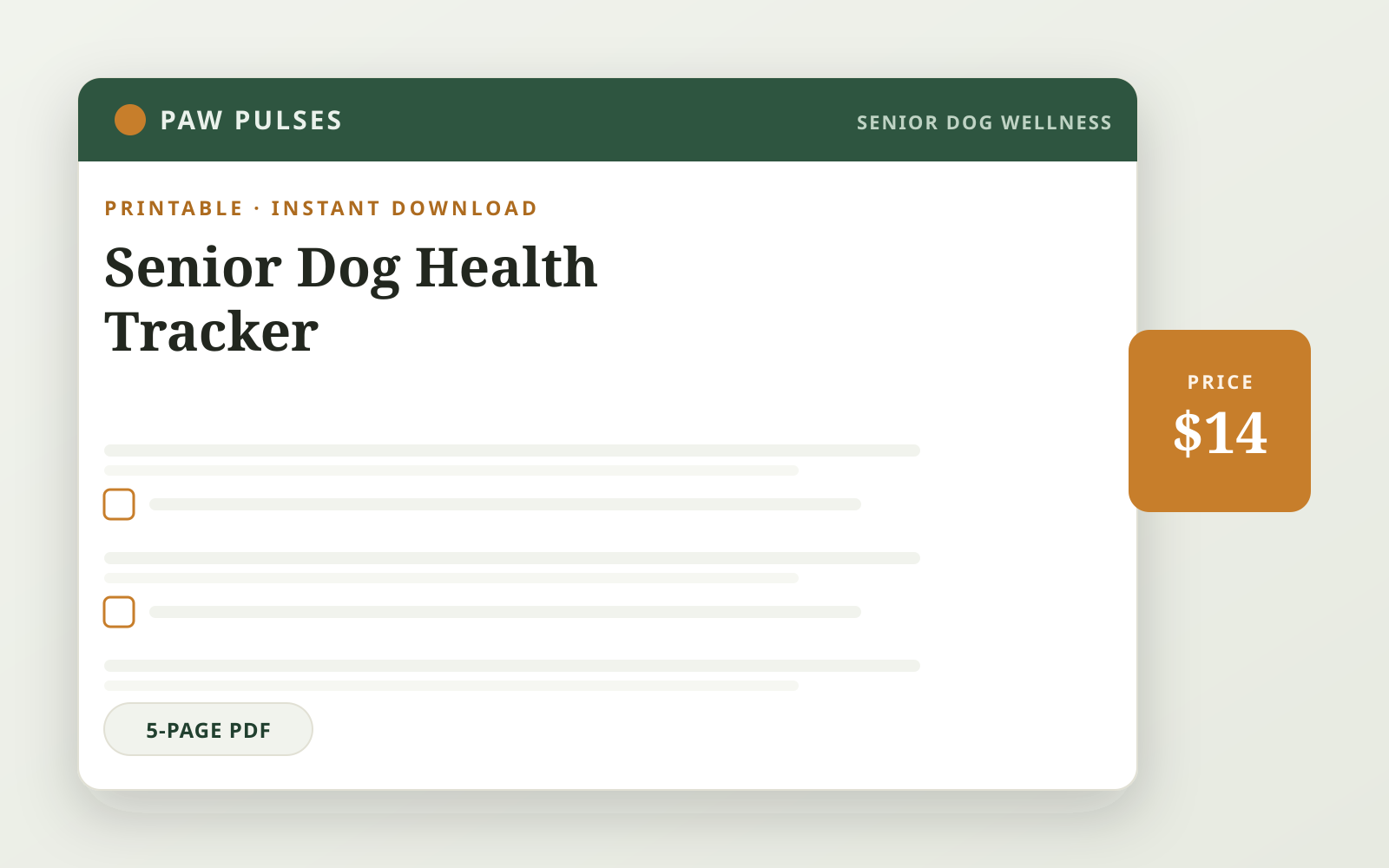 Senior Dog Health Tracker — printable 5-page PDF