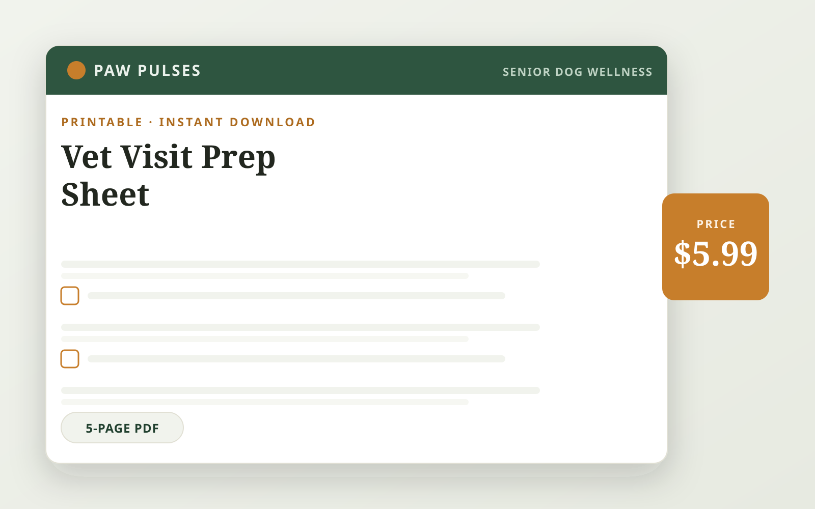 Vet Visit Prep Sheet — printable 5-page PDF